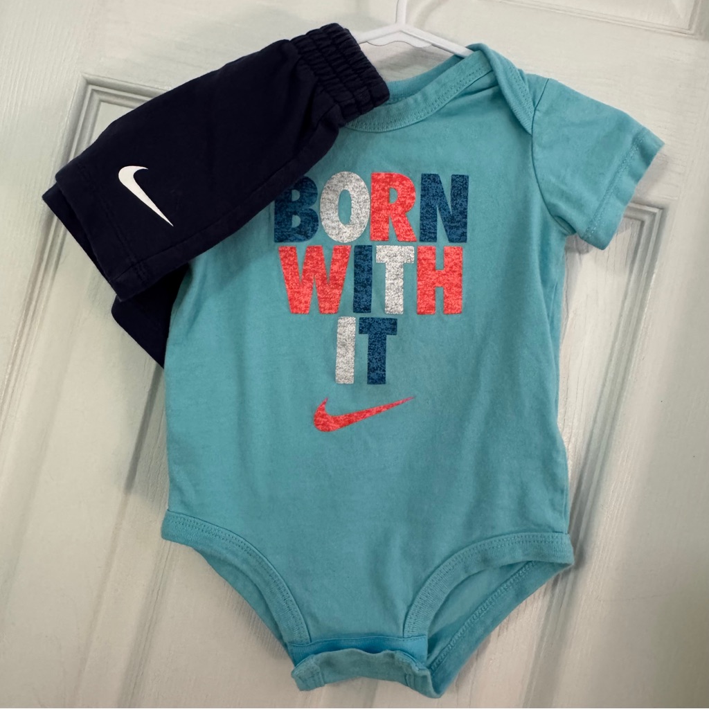 Nike Baby Boy Navy Blue Shorts With Teal Short Sleeve Onesie